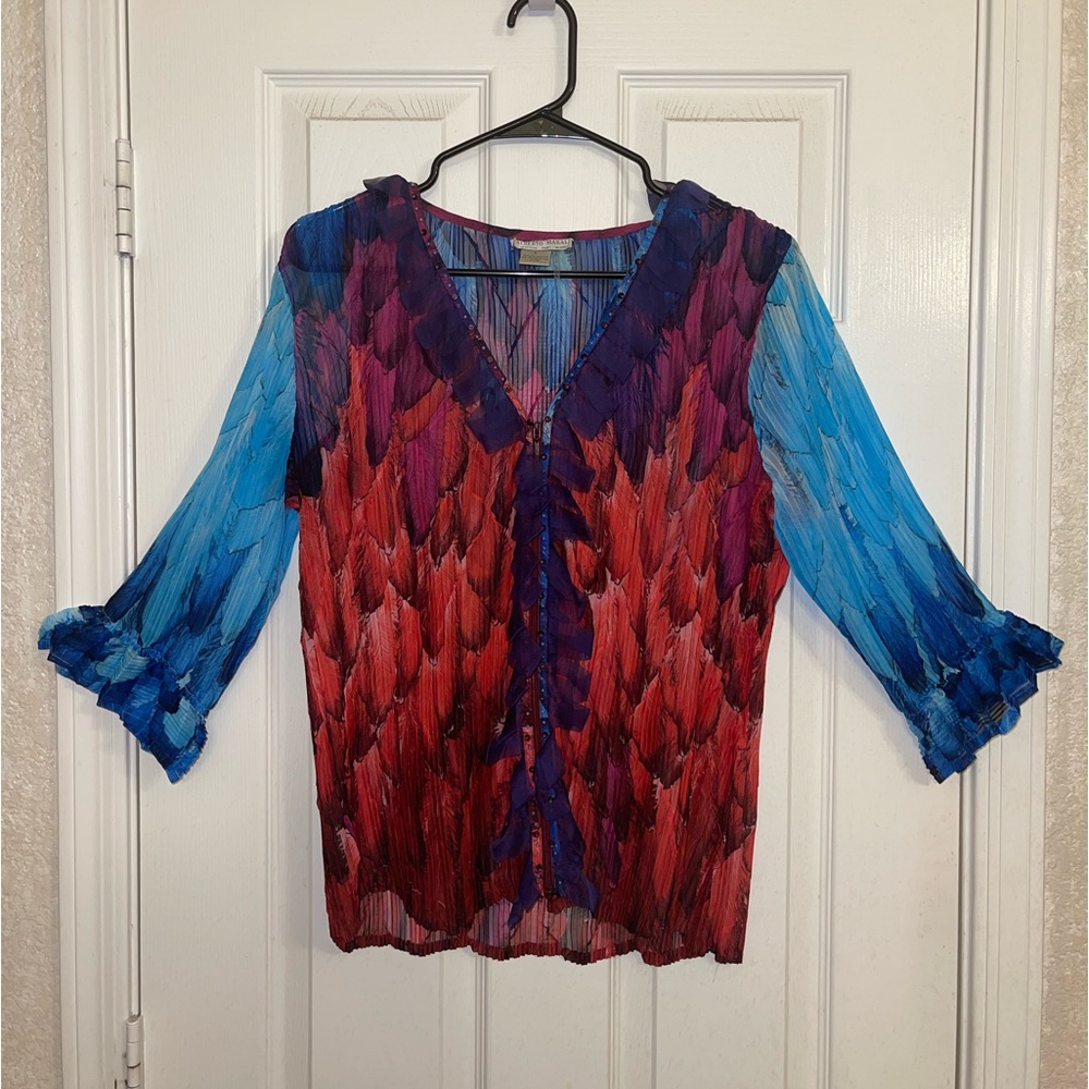ALBERTO MAKALI - beaded, sheer, multi-color top, 3/4 sleeves